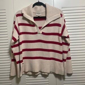 LOFT Cream and Red V-Neck Sweater with Stripes